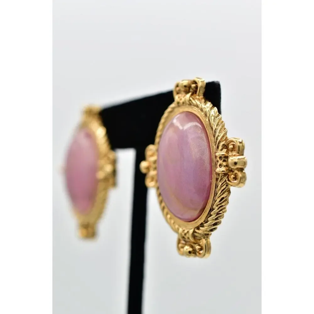 1928 Vintage Cabochon Clip On Earrings Mauve Oval Gold Heavy Chunky 1980s BinBB